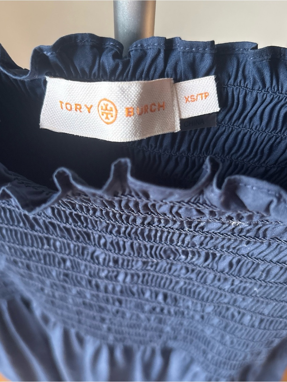 Tory Burch Smocked Puff-Sleeve Maxi Dress in Navy - Picture 3 of 11